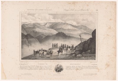 Sotilaat Montenotten taistelun aattona ja Amédée Emmanuel François Laharpen muotokuva Combat de Montenotte (12. huhtikuuta 1796) (otsikko esineessä) Muistoja Ranskan armeijasta (sarjan nimi) Souvenirs des armées françaises (Campaigns d