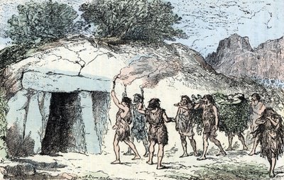 Esihistoria, neoliittinen; ceremony funebre (Esihistoria, neoliittinen: hautajaisseremonia) Kaiverrus "" Luonto ja ihminen"" by Renegade 1881 Yksityinen kokoelma tekijältä Alphonse Demarle