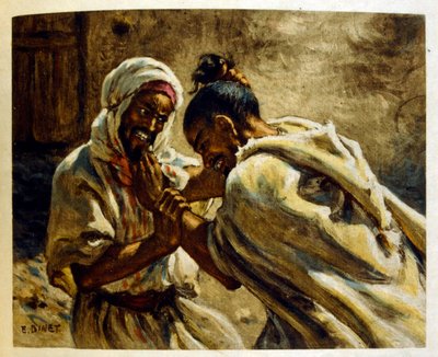 Dinet:n kuvitus teoksesta Mirages Scenes of Arab life. 1906. Mirages, Scénes De La Vie Arab on kuvittanut Etienne Dinet Silman Ben Ibrahim Bamerin kommentilla. Nasreddine Dinet syntyi nimellä Alphonse-Étienne Dinet; (1861-1929) oli ranskalainen itämainen tekijältä Alphonse Etienne Dinet
