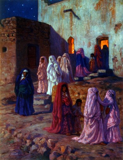 Kuvitus musliminaisista, jotka juhlivat "Mawlidia" (profeetan syntymä). islamilaisen profeetta Muhammedin syntymäpäivän viettoon. Kirjailija: Nasreddine Dinet (Alphonse-Étienne Dinet). 1861 1929. ranskalainen orientalistinen taidemaalari. 1918. tekijältä Alphonse Etienne Dinet