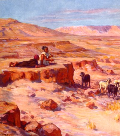 kaksi arabien nomadilasta soittavat huilua katsellessaan vuohia autiomaassa. kirjoittanut Nasreddine Dinet (Alphonse-Étienne Dinet). 1861 1929. ranskalainen orientalistinen taidemaalari 1918 tekijältä Alphonse Etienne Dinet