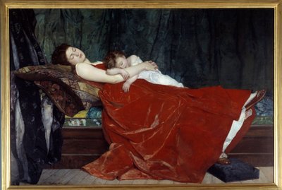 Nukkuva nainen ja lapsi nukkumassa. Alphonse Lecadren (1842-1875) maalaus 1872 Nantes, Musee des Beaux Arts tekijältä Alphonse Eugene Felix Lecadre