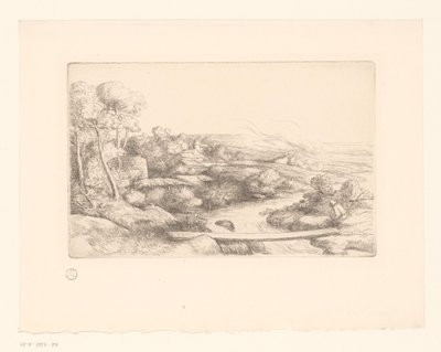 Maisema lankkulla joen yli la passerelle tekijältä Alphonse Legros (attributed to)