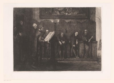 Kahdeksan miestä puhujan ympärillä Le lutrin (otsikko esineessä) tekijältä Alphonse Legros