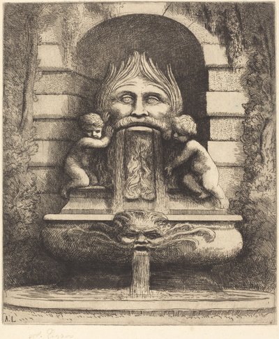 Fountain: Grotesque, Children and Basin Une fountain: Masque, enfants et bassin. tekijältä Alphonse Legros