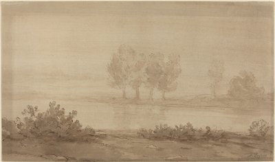 Maisema - Neljä puuta joen takana. tekijältä Alphonse Legros