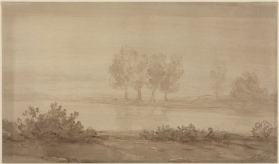 Maisema - neljä puuta joen toisella puolella tekijältä Alphonse Legros