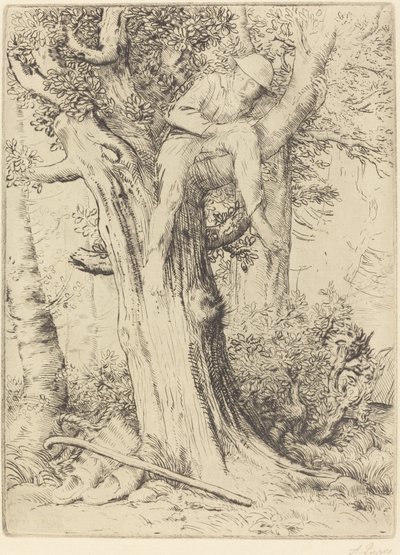 Maisema, jossa poika puussa tekijältä Alphonse Legros