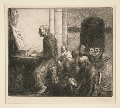 Munkki soittamassa urkuja kirkossa tekijältä Alphonse Legros