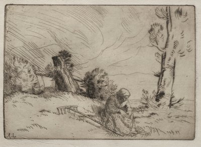 Talonpoikanainen istuu lähellä pensasaitaa tekijältä Alphonse Legros