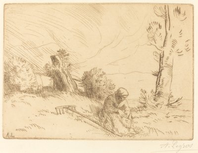 Talonpoikanainen istuu lähellä pensasaitaa tekijältä Alphonse Legros