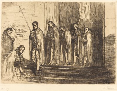 Kulkue lähtee kirkosta (La sortie de la procession) tekijältä Alphonse Legros