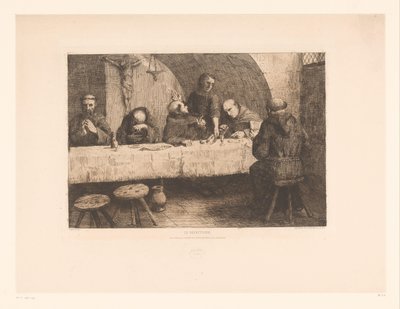 Ruokasali rukoilevien munkkien kanssa Le réfectoire (nimi esineessä) tekijältä Alphonse Legros