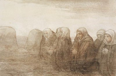 Kuusi talonpojan vaimoa rukouksessa syksyn pellolla tekijältä Alphonse Legros