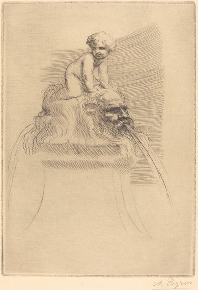 Small Fountain, Child Playing on the Grotesques Petite fontaine, enfant qui joue surdes masques.  tekijältä Alphonse Legros