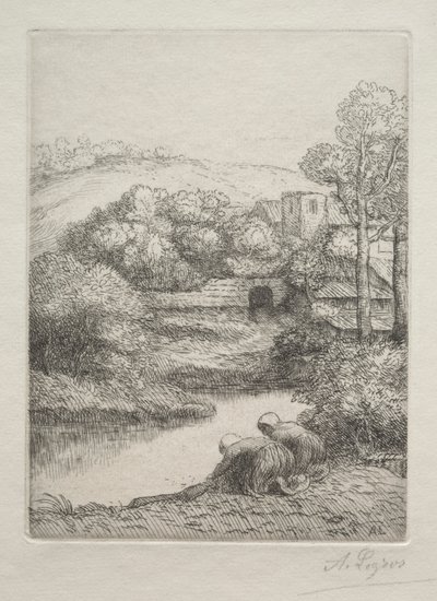 Pesupaikka, nimeltään The Washerwomen Le Lavoir, Dite Les Laveuses. tekijältä Alphonse Legros