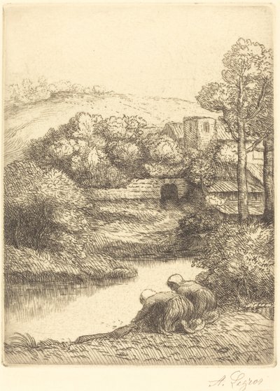 Pesutalo, nimeltään "The Washerwomen" tekijältä Alphonse Legros