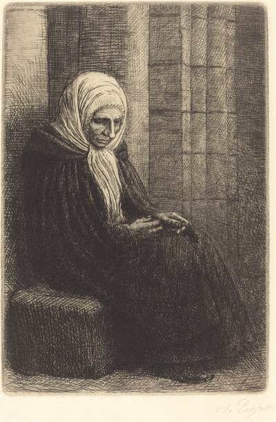 Nainen istuu seinää vasten, lapsi pää sylissään tekijältä Alphonse Legros