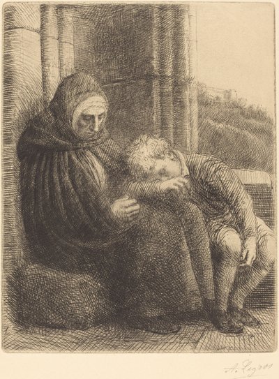 Nainen istuu seinää vasten, lapsi pää sylissään Femme assise, muraille.... tekijältä Alphonse Legros