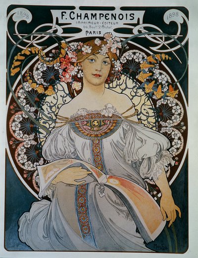 Mainos kirjapaino-kustantajalle F. Champenois - Mucha tekijältä Alphonse Mucha