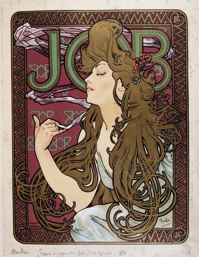 Muchan mainosjuliste "Job Cigarette Paper". tekijältä Alphonse Mucha
