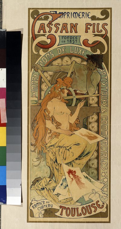 Mainosjuliste painotalolle "Cassan Fils, luksus-, taiteellinen ja kaupallinen painatus"" Toulousessa. Alfons Maria Muchan juliste (Alphonse Marie Mucha tekijältä Alphonse Marie Mucha