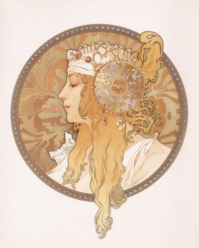blondin neiton bysanttilainen pää; Tete byzantine d"une femme blonde, n.1897 tekijältä Alphonse Mucha