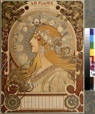 ""La Plume"" -kalenteri, kuvitettu kahdesti kuukaudessa ilmestyvä Salon des Centin aikakauslehti. Taiteellinen ja kirjallinen kirjasto. Taideteos: Alfons Maria Mucha (Alphonse Marie Mucha tekijältä Alphonse Marie Mucha