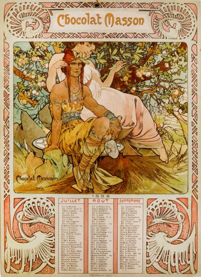 Muchan (1860 – 1939) kuvittama Chocolate Masson -kalenteri. tšekkiläinen jugendmaalari tekijältä Alphonse Mucha
