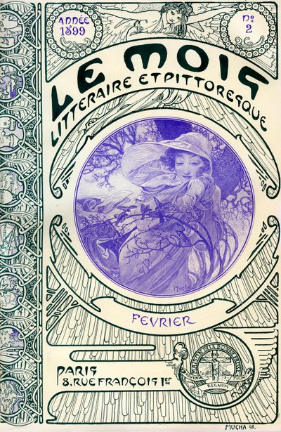 Lehden kansi (kuukausilehti) Le Month litteraire et viehättävä Alphonse Mucha (1860-1939): helmikuu 1899 - Maison de la Bonne Presse - tekijältä Alphonse Mucha