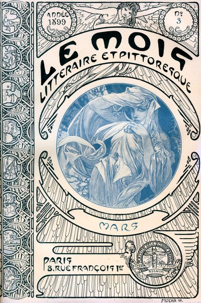 Lehden kansi (kuukausilehti) The Literary and Picturesque Month, kirjoittanut Alphonse Mucha (1860-1939): maaliskuu 1899 - Maison de la Bonne Presse - tekijältä Alphonse Mucha