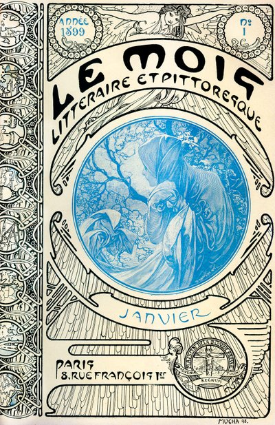 Lehden kansi (kuukausilehti) The Literary and Picturesque Month, kirjoittanut Alphonse Mucha (1860-1939): tammikuu 1899 - Maison de la Bonne Presse - tekijältä Alphonse Mucha