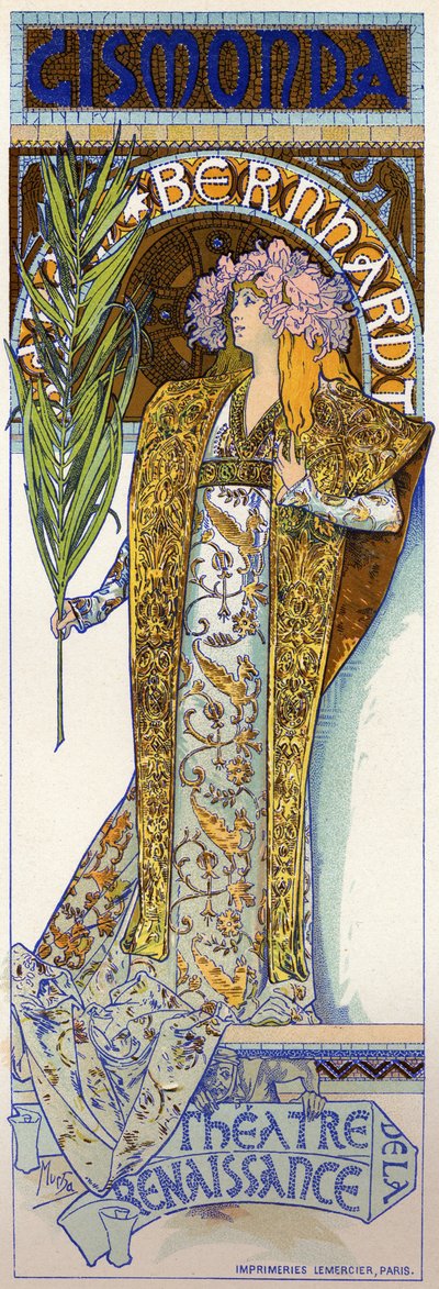 Viihde. Gismonda, Victorien Sardoun näytelmä Sarah Bernhardtin kanssa Theater de la Renaissancessa, Pariisissa. Juliste: Mucha, Ranska tekijältä Alphonse Marie Mucha