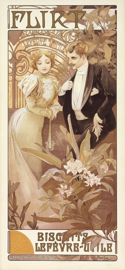 Flirtti, n. 1895-1900 (väri litho) tekijältä Alphonse Mucha