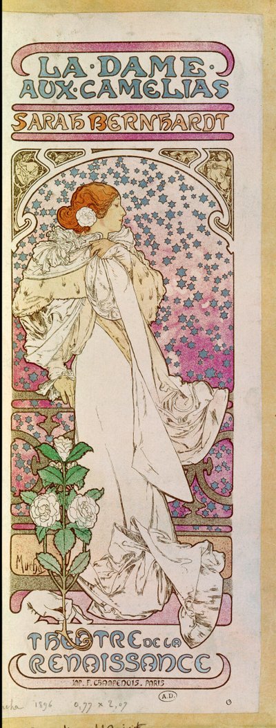 La Dame aux Camelias ja näyttelijä Sarah Bernhardt, Theatre de la Renaissance, Pariisi 1894 (juliste) tekijältä Alphonse Marie Mucha