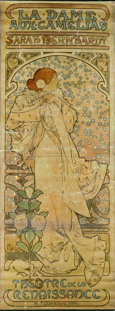 La Dame aux Camelias ja näyttelijä Sarah Bernhardt, Theatre de la Renaissance, Pariisi 1894 (juliste) tekijältä Alphonse Marie Mucha