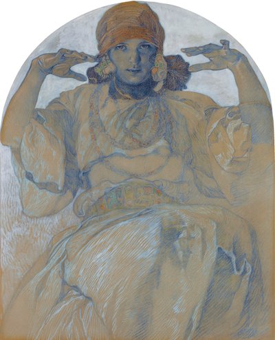 ""Taiteilijan tyttären Jaroslava Muchovan muotokuva (1909-1986)"" (Taiteilijan tyttären muotokuva, Jaroslava) Alphons Muchan (1860-1939) maalaus - noin 1924 Dim 51x41 cm Yksityiskokoelma tekijältä Alphonse Mucha