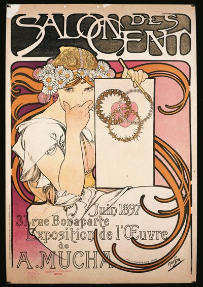 Juliste mainostaa A. Muchan näyttelyä Salon des Centissä tekijältä Alphonse Marie Mucha