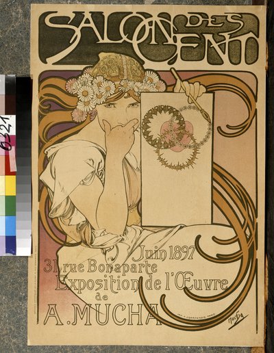 Juliste, joka mainostaa A. Muchan näyttelyä Salon des Centissa, 31 rue Bonaparte a Paris, kesäkuu 1897 (värilitho) tekijältä Alphonse Mucha