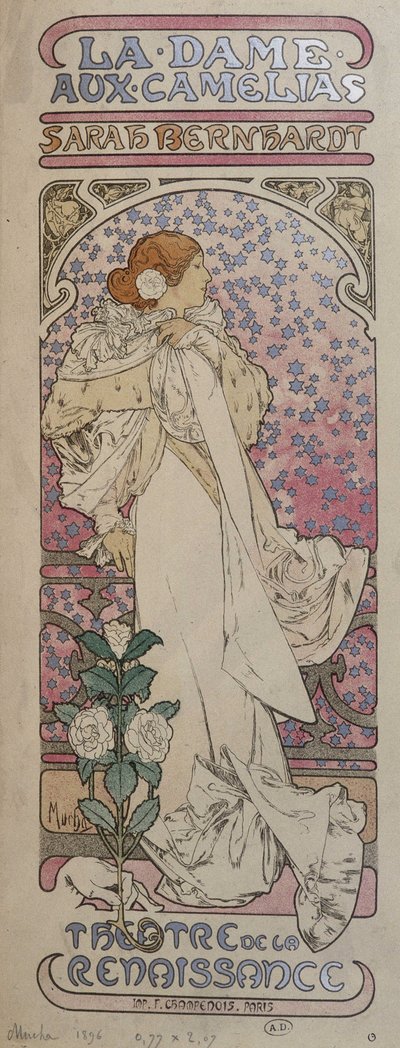 Juliste elokuvalle "La dame au camélias" Renaissance-teatterissa Henriette Rosine Bernardin kanssa Sarah Bernhardtin (1844-1923) kanssa - kirjoittanut Mucha tekijältä Alphonse Mucha