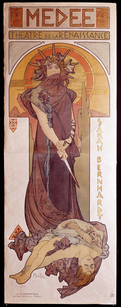 Henriette Rosine Bernardin (1844-1923) esittämä juliste "Medee" Renaissance Theatressa. Kuvitus Alphonse Mucha (1860-1939) Paris, Decorative Arts tekijältä Alphonse Mucha