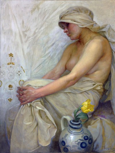 Istuva tyttö par Mucha, Alfons Marie (1860-1939), n. 1914 - Tempera kankaalle, 80x60 - Yksityiskokoelma tekijältä Alphonse Mucha