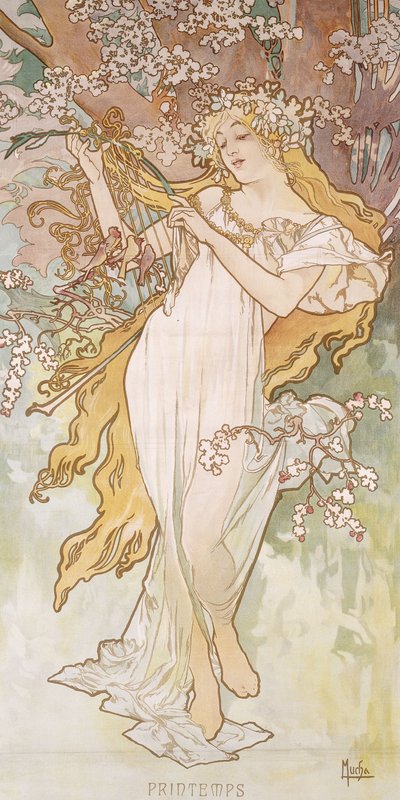 Kevät; Printemps, n. 1896 tekijältä Alphonse Mucha