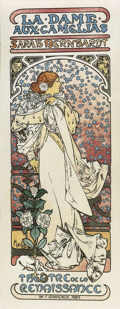 Kamelioiden rouva (La dame aux camelias). 1896 (litografia) tekijältä Alphonse Mucha
