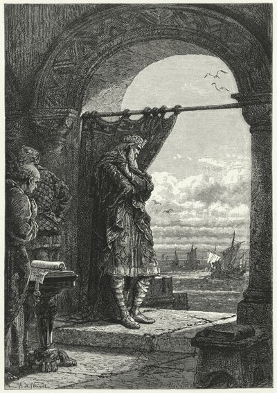Charlemagne katselee huolestuneena normannilaisia ratsastajia kuljettavien alusten lähestymistä (kaiverrus) tekijältä Alphonse Marie de (after) Neuville