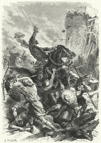 Kreivi Odo puolustamassa Pariisia normanneja vastaan, 886 (kaiverrus) tekijältä Alphonse Marie de (after) Neuville