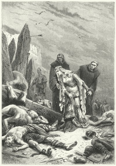 Edith Fair löytää kuningas Haroldin ruumiin Hastingsin taistelukentältä tekijältä Alphonse Marie de (after) Neuville
