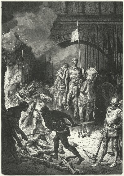 El Cid valvoo vaimonsa Dona Jimenan kanssa Valencian maurien kuninkaan Ahmedin hautauspyrstön rakentamista tekijältä Alphonse Marie de (after) Neuville