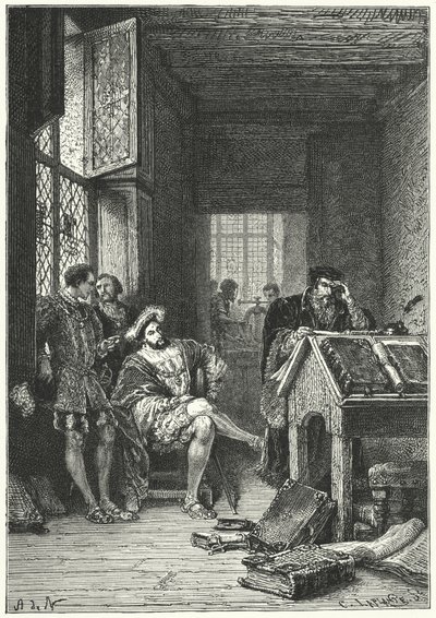 Francis I Ranskalainen kirjapainon ja tutkijan Robert Estiennen kanssa tekijältä Alphonse Marie de (after) Neuville
