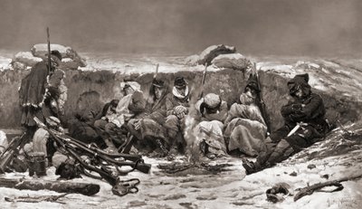 Ranskalaiset sotilaat haudassa. Pariisin piiritys. Ranskan ja Preussin sota tekijältä Alphonse Marie de (after) Neuville